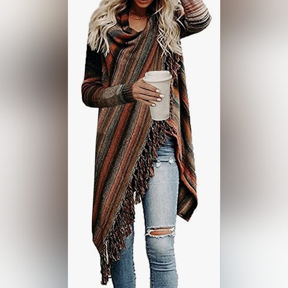Multi colored Wrap sweater with fringes - Picture 6 of 6